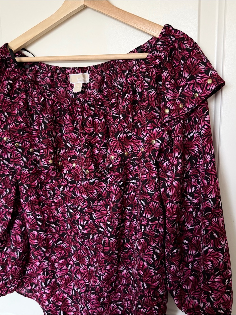 Michael Kors Women Floral Off-Shoulder Studded Balloon Sleeve Blouse M Romantic